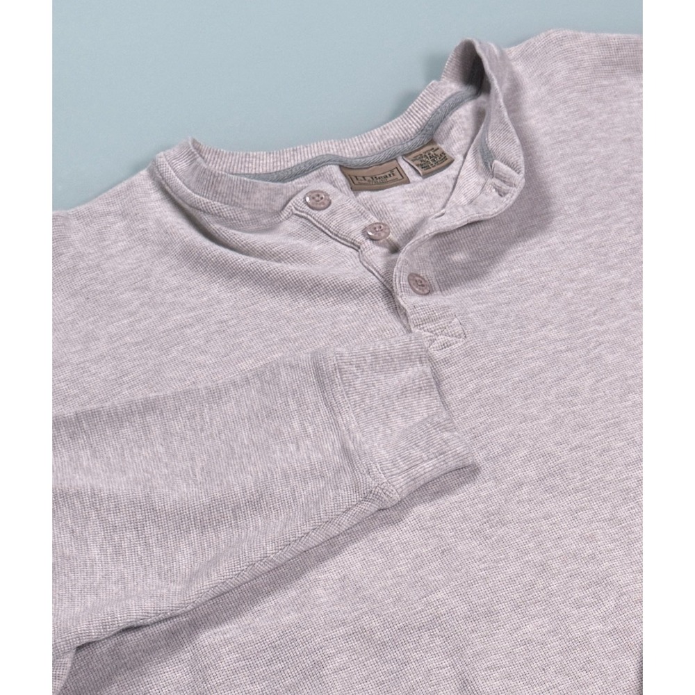 L.L. Bean Henley Shirt Mens XL Tall Gray Long Sleeve Waffle Knit 100% Cotton